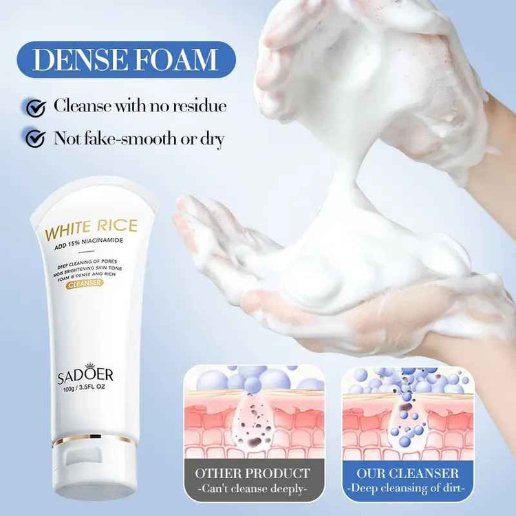 فوم شستشوی صورت روشن کننده سادور مدل برنج سفید و نیاسینامید وزن 100 گرم SADOER
