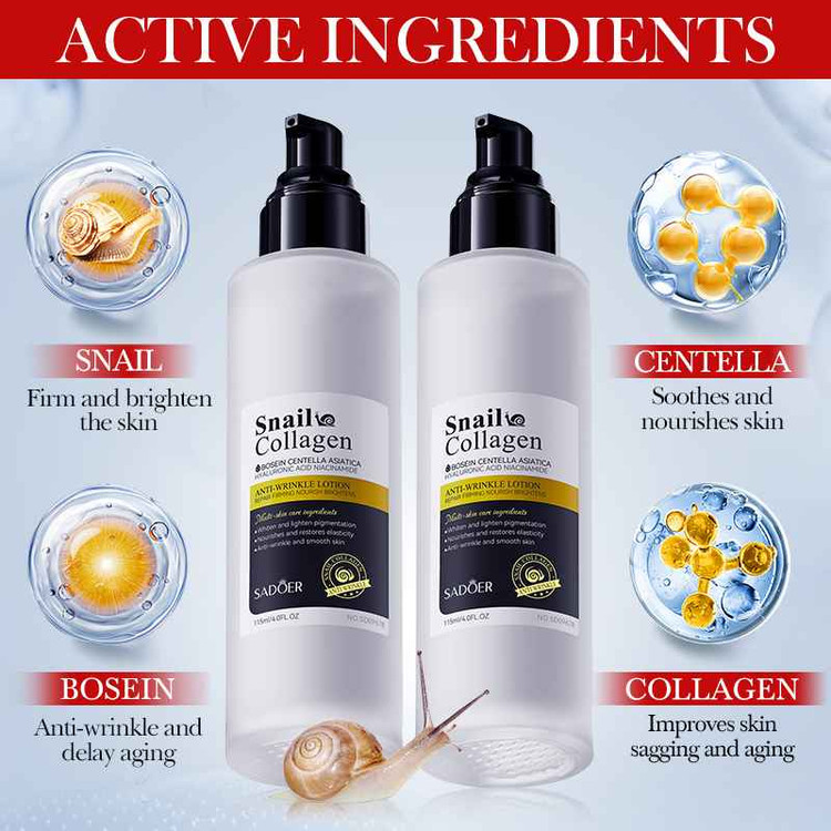 لوسیون صورت ضد چروک و سفید کننده کلاژن و حلزون سادور SADOER وزن 115 میل